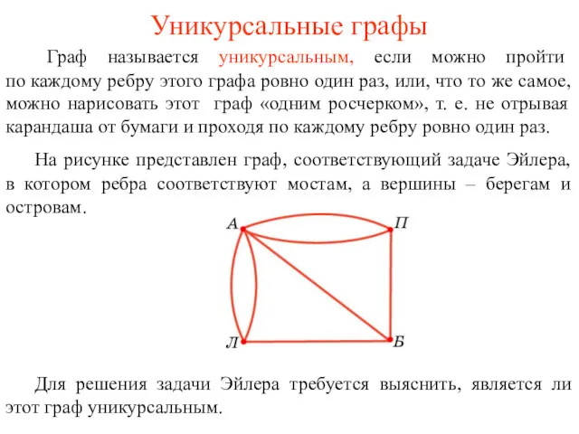 Уникурсальные графы Граф называется уникурсальным, если можно пройти по каждому