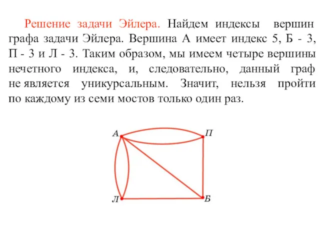 Решение задачи Эйлера. Найдем индексы вершин графа задачи Эйлера. Вершина