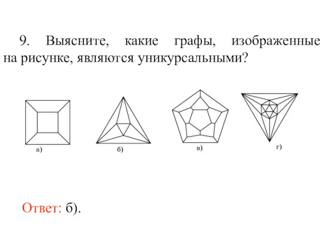 9. Выясните, какие графы, изображенные на рисунке, являются уникурсальными? Ответ: б).