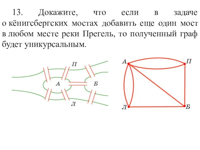 13. Докажите, что если в задаче о кёнигсбергских мостах добавить