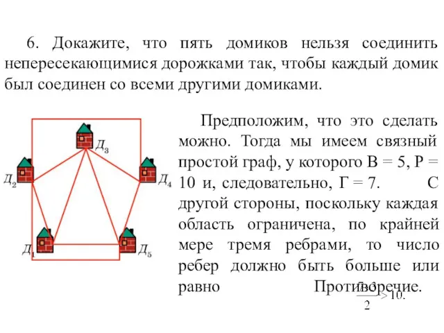 6. Докажите, что пять домиков нельзя соединить непересекающимися дорожками так,