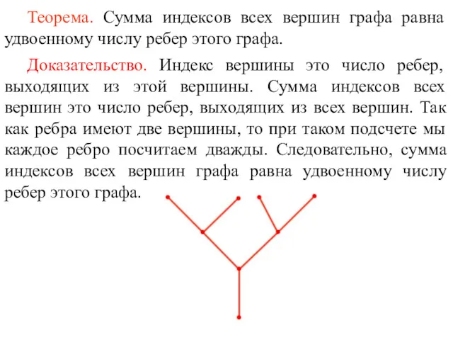 Теорема. Сумма индексов всех вершин графа равна удвоенному числу ребер