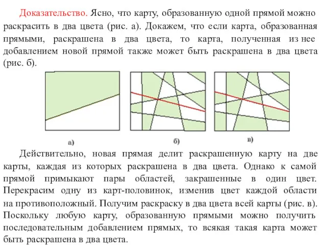 Доказательство. Ясно, что карту, образованную одной прямой можно раскрасить в