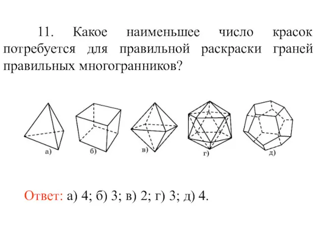 11. Какое наименьшее число красок потребуется для правильной раскраски граней