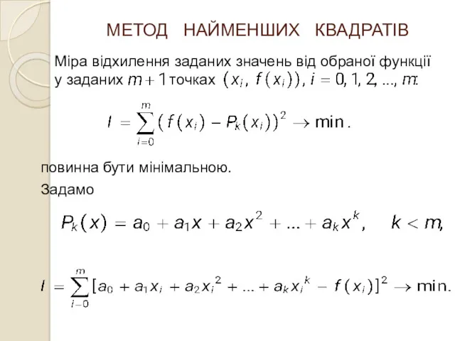 МЕТОД НАЙМЕНШИХ КВАДРАТІВ Міра відхилення заданих значень від обраної функції