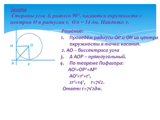 Задача Cтороны угла А, равного 90°, касаются окружности с центром О и радиусом
