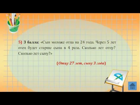 5) 3 балла: «Сын моложе отца на 24 года. Через