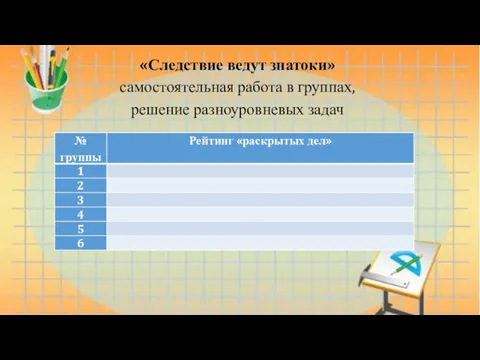 «Следствие ведут знатоки» самостоятельная работа в группах, решение разноуровневых задач