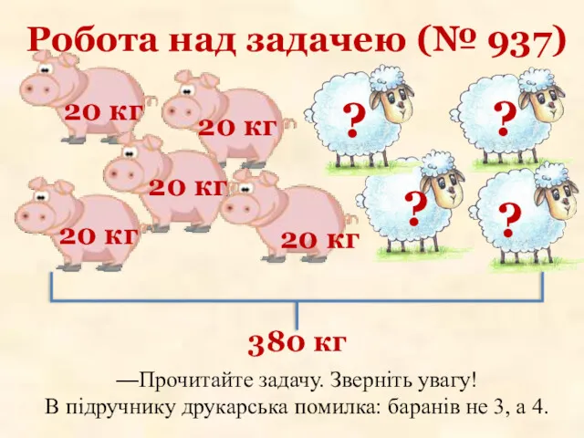 Робота над задачею (№ 937) 20 кг 20 кг 20 кг ? ?