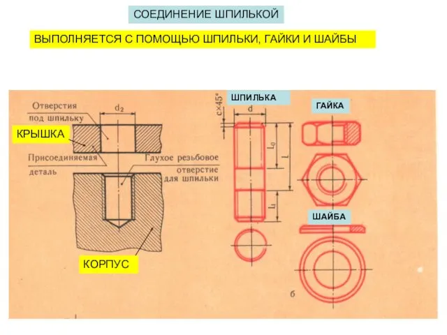 СОЕДИНЕНИЕ ШПИЛЬКОЙ ВЫПОЛНЯЕТСЯ С ПОМОЩЬЮ ШПИЛЬКИ, ГАЙКИ И ШАЙБЫ