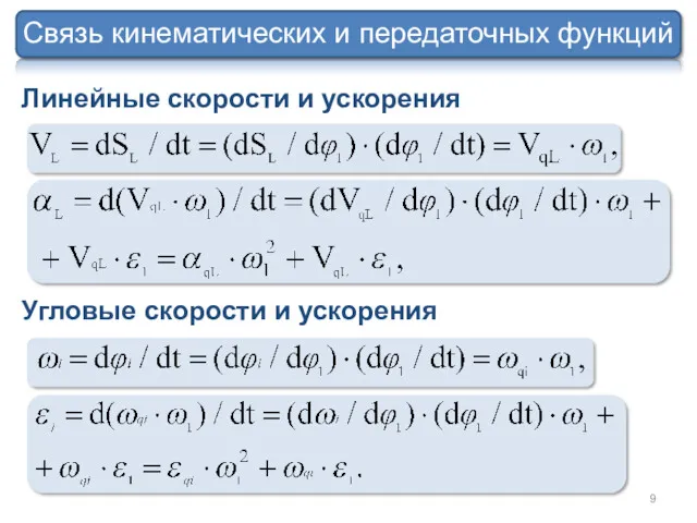 Линейные скорости и ускорения Угловые скорости и ускорения Связь кинематических и передаточных функций