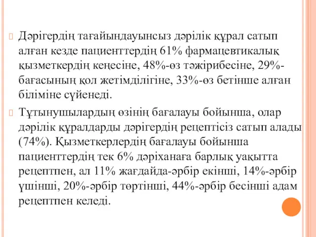 Дәрігердің тағайындауынсыз дәрілік құрал сатып алған кезде пациенттердің 61% фармацевтикалық