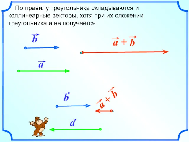 По правилу треугольника складываются и коллинеарные векторы, хотя при их сложении треугольника и не получается