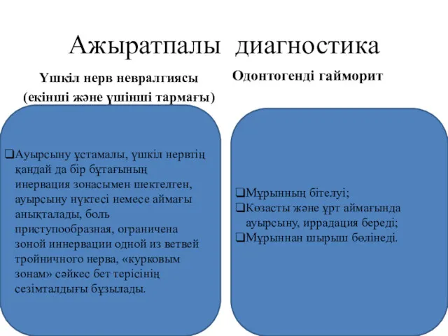 Ажыратпалы диагностика Үшкіл нерв невралгиясы (екінші және үшінші тармағы) Одонтогенді