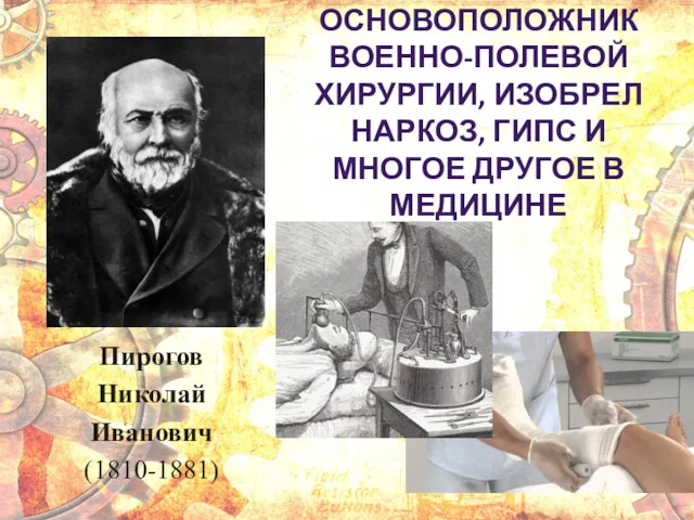 ОСНОВОПОЛОЖНИК ВОЕННО-ПОЛЕВОЙ ХИРУРГИИ, ИЗОБРЕЛ НАРКОЗ, ГИПС И МНОГОЕ ДРУГОЕ В МЕДИЦИНЕ Пирогов Николай Иванович (1810-1881)