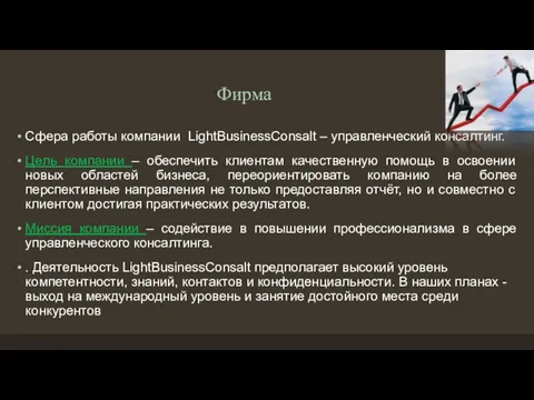 Фирма Сфера работы компании LightBusinessConsalt – управленческий консалтинг. Цель компании