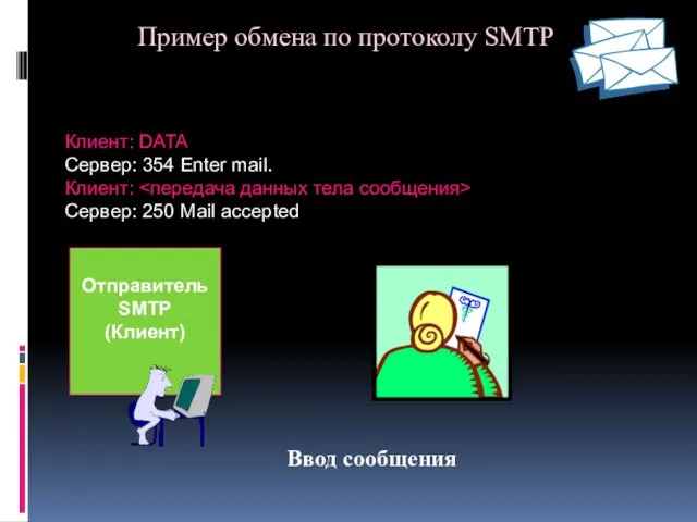 Пример обмена по протоколу SMTP Клиент: DATA Сервер: 354 Enter