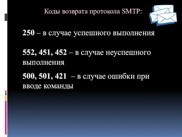 Коды возврата протокола SMTP: 250 – в случае успешного выполнения
