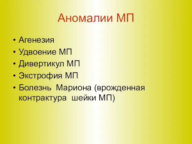 Аномалии МП Агенезия Удвоение МП Дивертикул МП Экстрофия МП Болезнь Мариона (врожденная контрактура шейки МП)