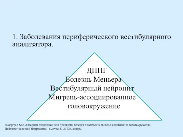 1. Заболевания периферического вестибулярного анализатора. ДППГ Болезнь Меньера Вестибулярный нейронит