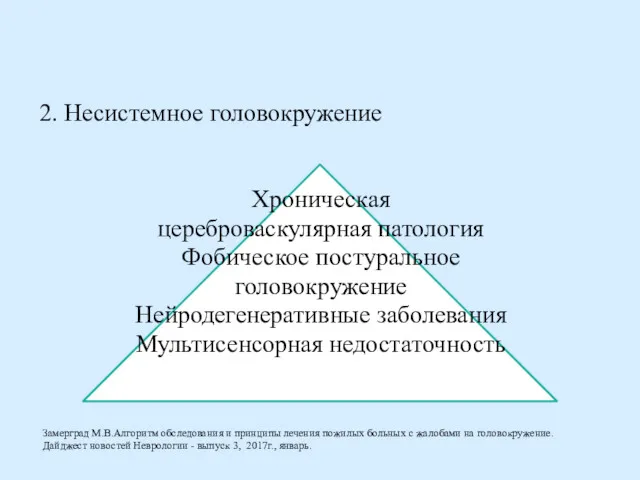 2. Несистемное головокружение Хроническая цереброваскулярная патология Фобическое постуральное головокружение Нейродегенеративные