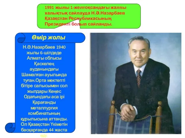 1991 жылы 1-желтоқсандағы жалпы халықтық сайлауда Н.Ә.Назарбаев Қазақстан Республикасының Президенті