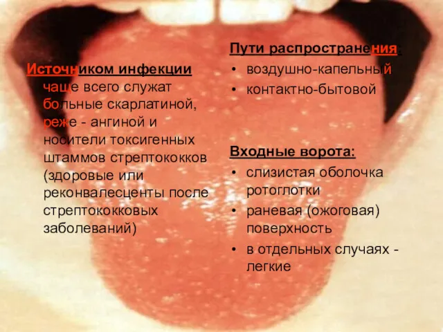 Источником инфекции чаще всего служат больные скарлатиной, реже - ангиной и носители токсигенных