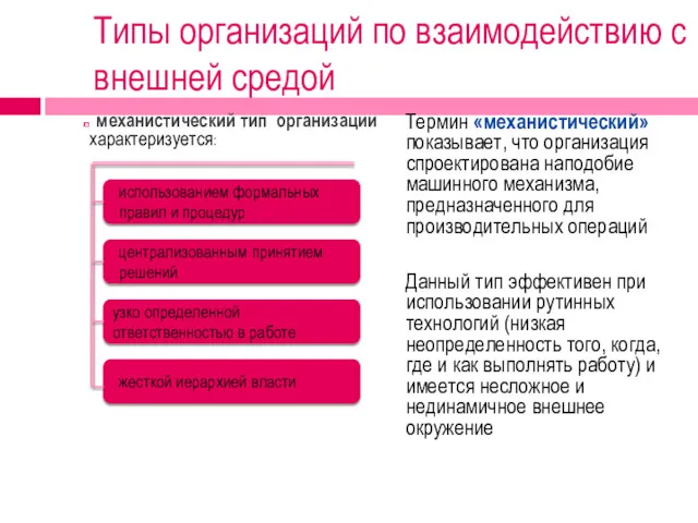 Типы организаций по взаимодействию с внешней средой механистический тип организации