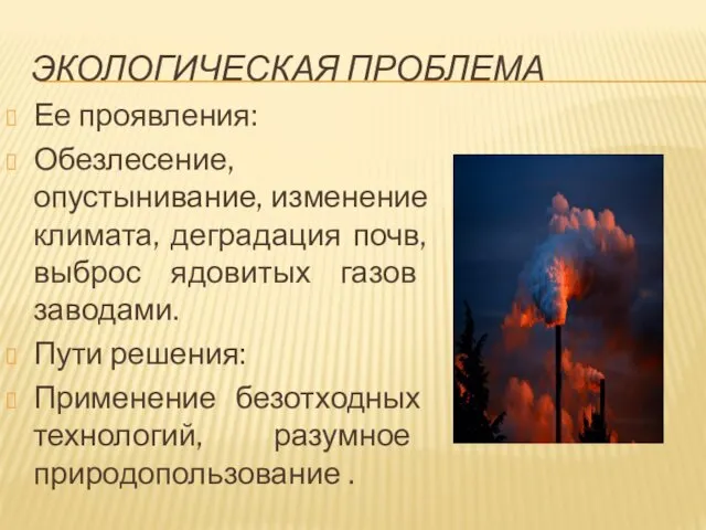 ЭКОЛОГИЧЕСКАЯ ПРОБЛЕМА Ее проявления: Обезлесение, опустынивание, изменение климата, деградация почв,