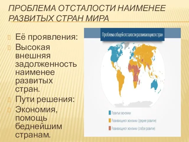 ПРОБЛЕМА ОТСТАЛОСТИ НАИМЕНЕЕ РАЗВИТЫХ СТРАН МИРА Её проявления: Высокая внешняя