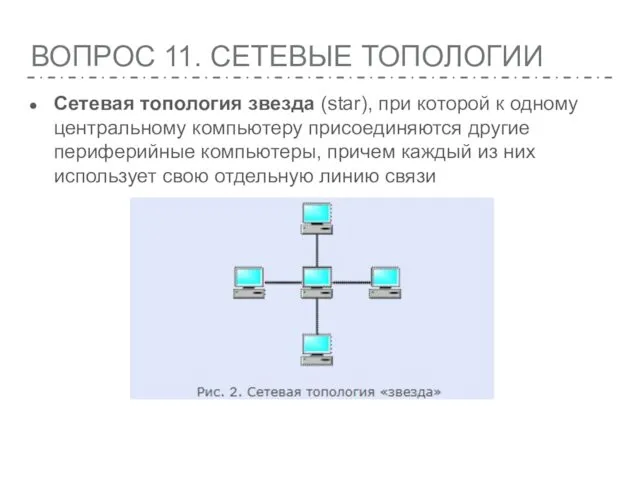 ВОПРОС 11. СЕТЕВЫЕ ТОПОЛОГИИ Cетевая топология звезда (star), при которой