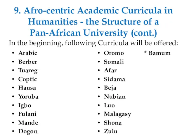 9. Afro-centric Academic Curricula in Humanities - the Structure of a Pan-African University