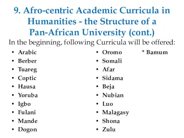 9. Afro-centric Academic Curricula in Humanities - the Structure of