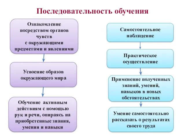 Последовательность обучения Ознакомление посредством органов чувств с окружающими предметами и