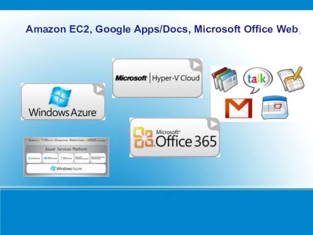 Amazon EC2, Google Apps/Docs, Microsoft Office Web.