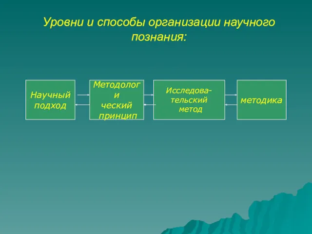 Уровни и способы организации научного познания: Научный подход Методологи ческий принцип Исследова- тельский метод методика