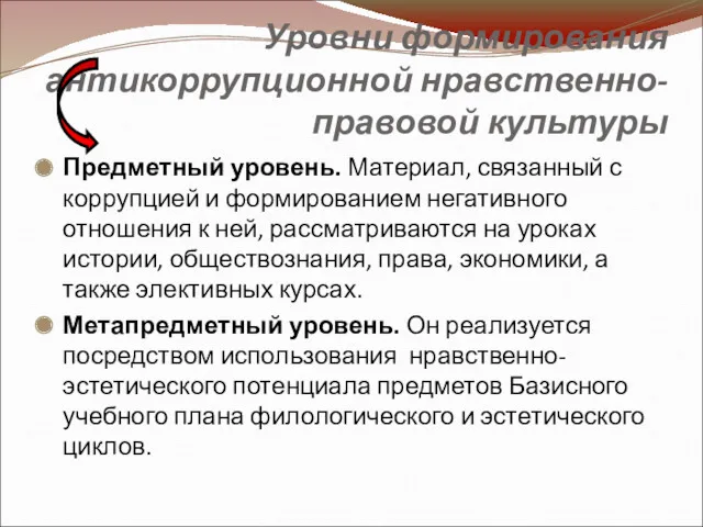 Уровни формирования антикоррупционной нравственно-правовой культуры Предметный уровень. Материал, связанный с