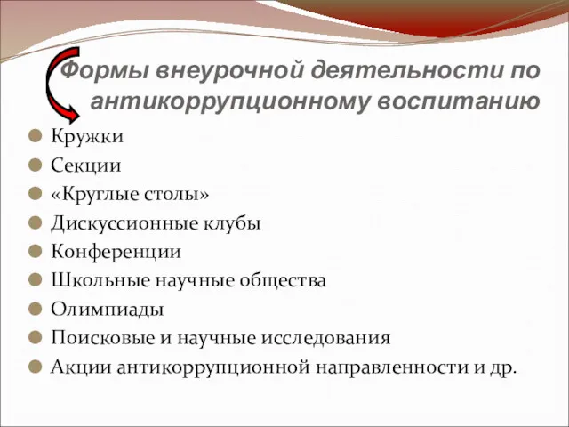 Формы внеурочной деятельности по антикоррупционному воспитанию Кружки Секции «Круглые столы»