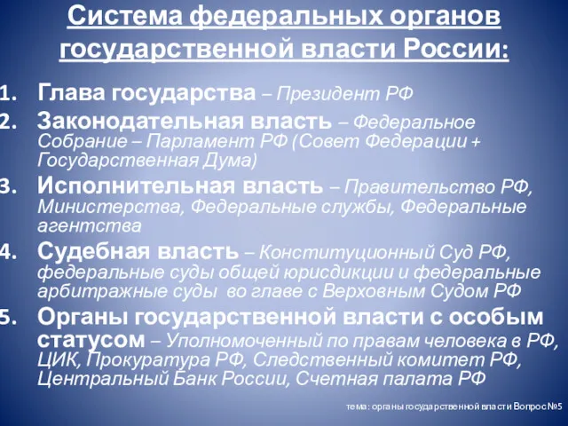 Система федеральных органов государственной власти России: Глава государства – Президент