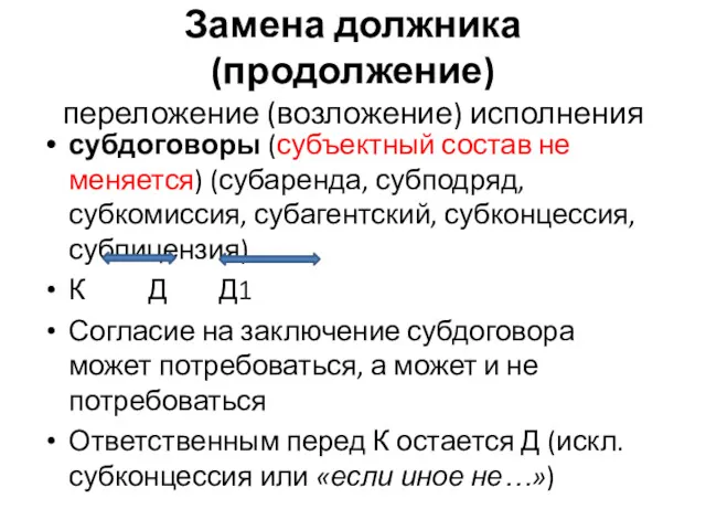 Замена должника (продолжение) переложение (возложение) исполнения субдоговоры (субъектный состав не