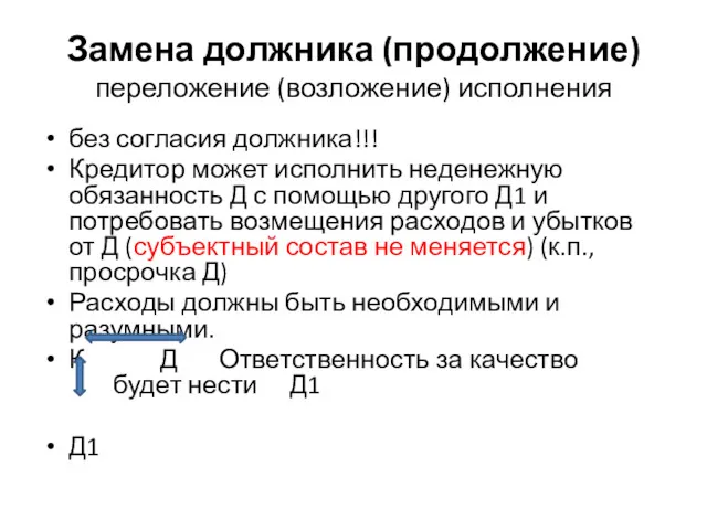 Замена должника (продолжение) переложение (возложение) исполнения без согласия должника!!! Кредитор