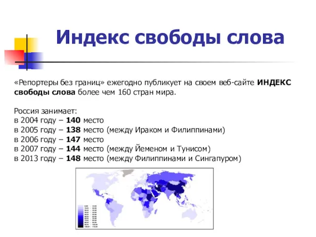 Индекс свободы слова «Репортеры без границ» ежегодно публикует на своем