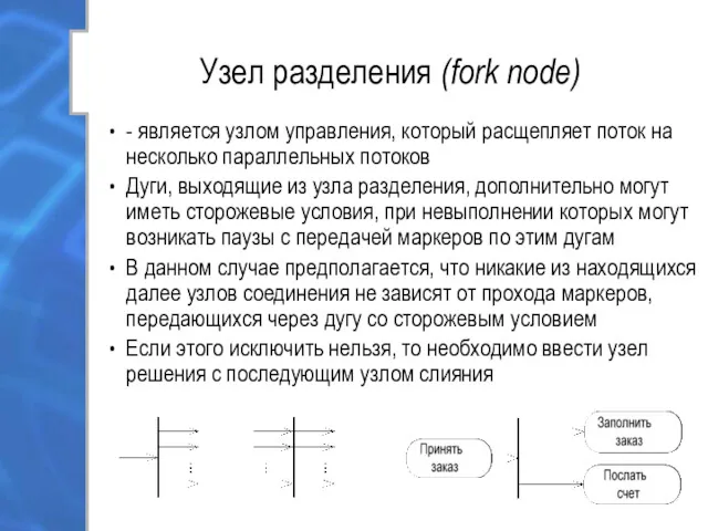 Узел разделения (fork node) - является узлом управления, который расщепляет