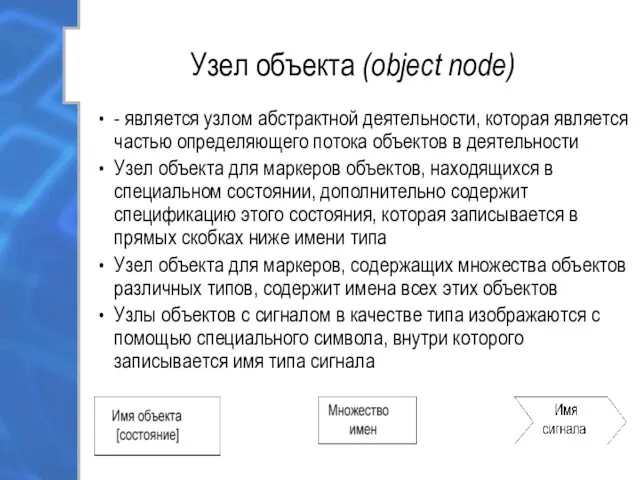 Узел объекта (object node) - является узлом абстрактной деятельности, которая
