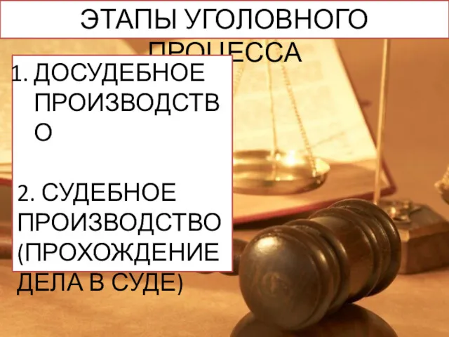 ЭТАПЫ УГОЛОВНОГО ПРОЦЕССА ДОСУДЕБНОЕ ПРОИЗВОДСТВО 2. СУДЕБНОЕ ПРОИЗВОДСТВО (ПРОХОЖДЕНИЕ ДЕЛА В СУДЕ)