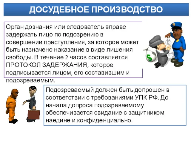 ДОСУДЕБНОЕ ПРОИЗВОДСТВО Орган дознания или следователь вправе задержать лицо по