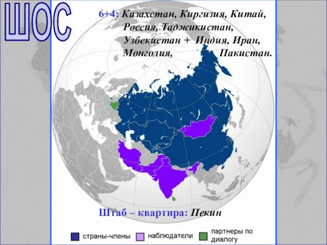 ШОС 6+4: Казахстан, Киргизия, Китай, Россия, Таджикистан, Узбекистан + Индия,