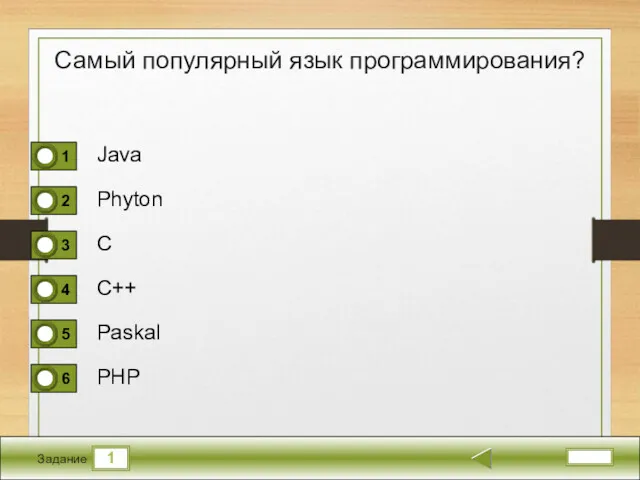 1 Задание Самый популярный язык программирования? Java Phyton C C++ Paskal PHP