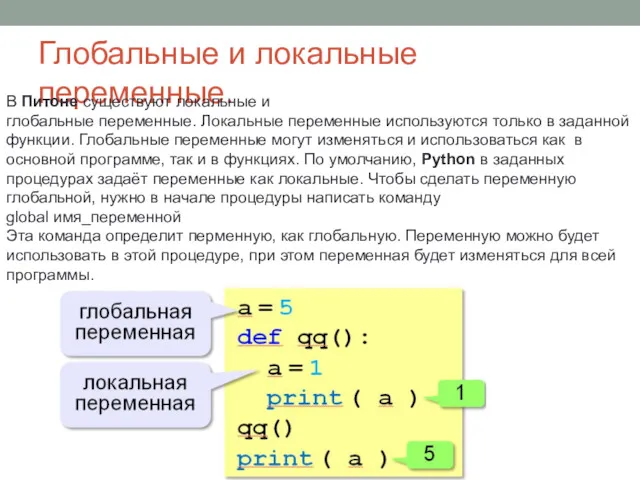 Глобальные и локальные переменные. В Питоне существуют локальные и глобальные