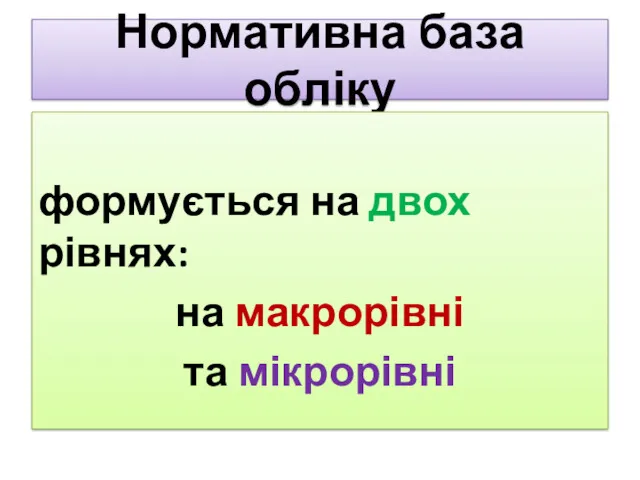 Нормативна база обліку формується на двох рівнях: на макрорівні та мікрорівні